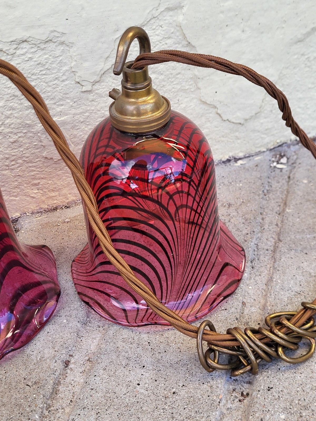 Set Of 4 Vintage Cranberry Swirl Glass Pendant Lamps, Ceiling Roses, Chains