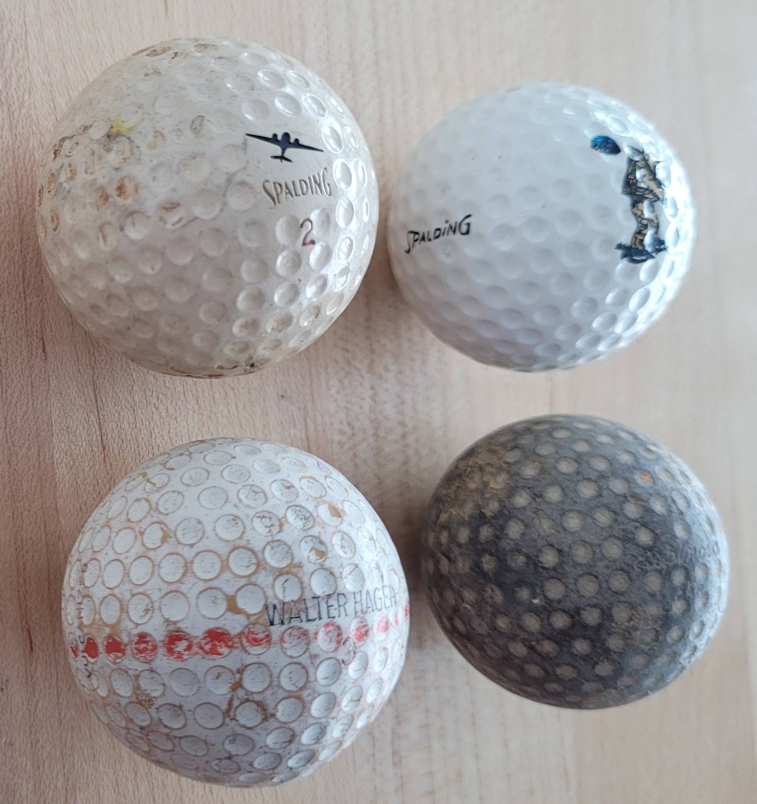 4 Antique Vintage Golf Balls Walter Hagen Speed Flo Moon Airplane Espinosa