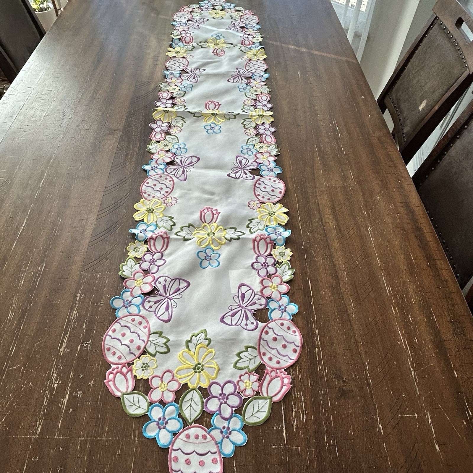 Easter Table Runner 68” Embroidered Cut work Spring Floral Easter Eggs