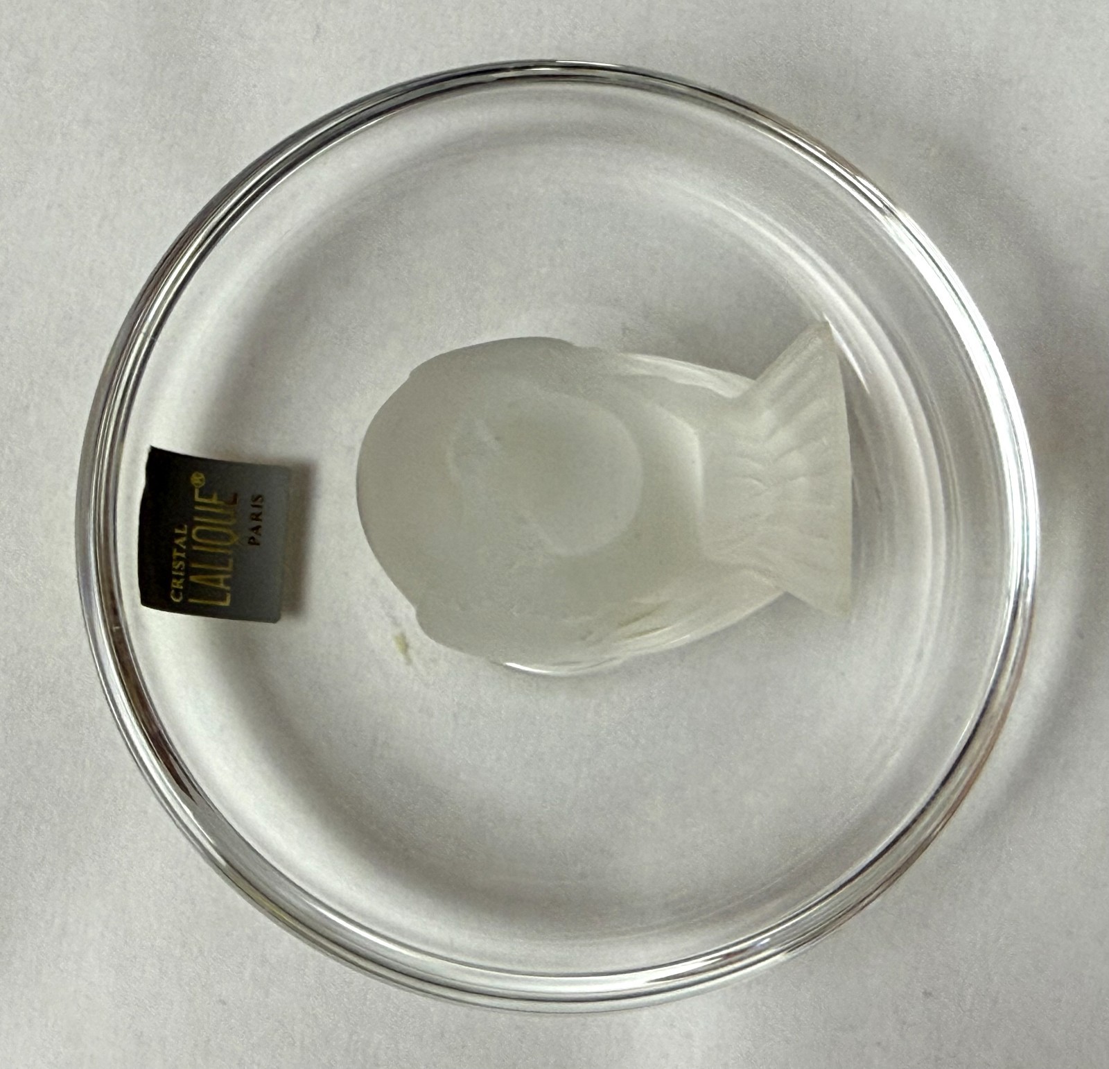 Lalique Pinson Finch 1970s Art Glass Ring Dish Clear & Frosted Crystal 2” Tall