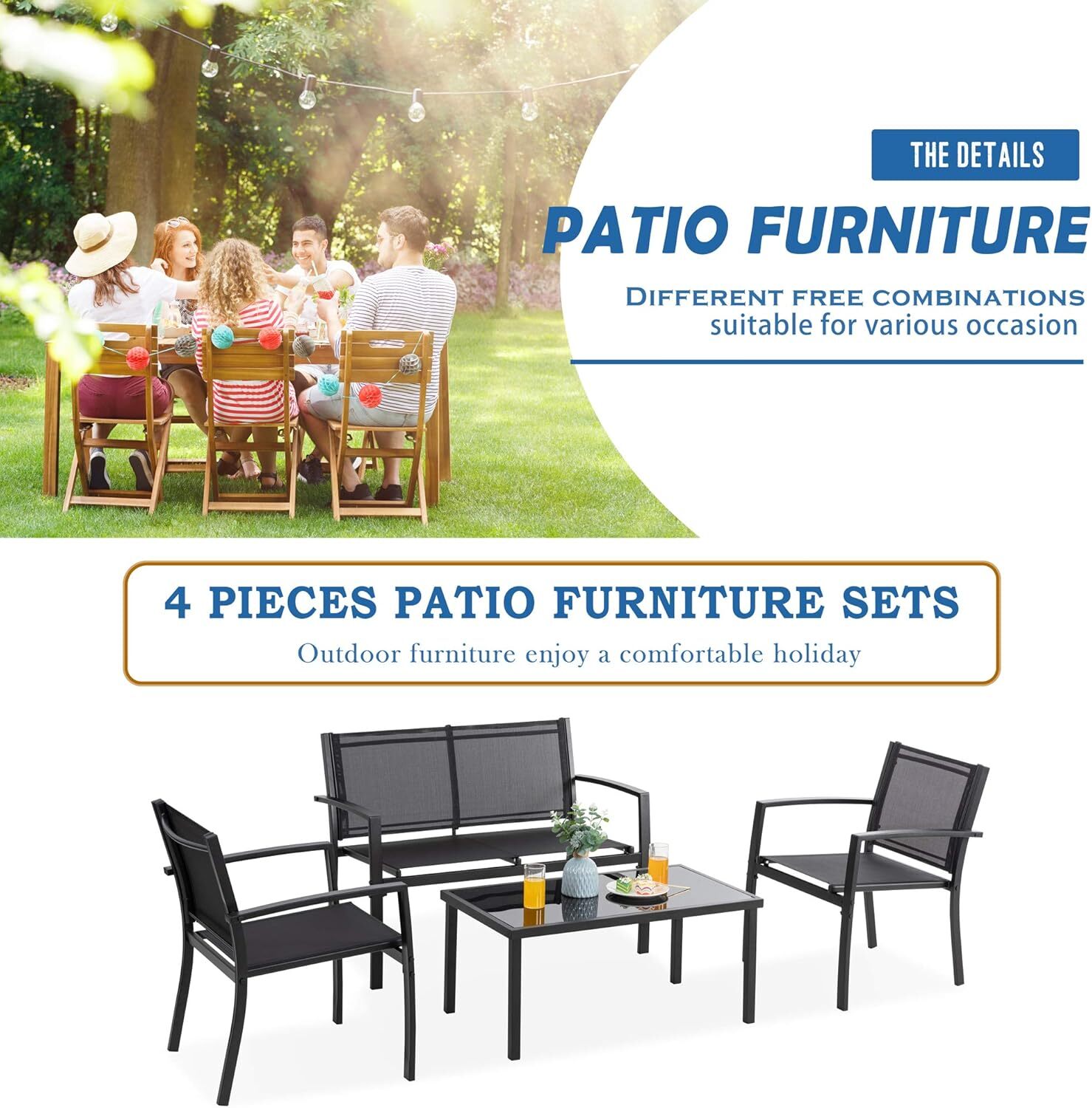 Vongrasig 4 Pieces Patio Furniture Sets,Outdoor Patio Conversation Sets(Black)