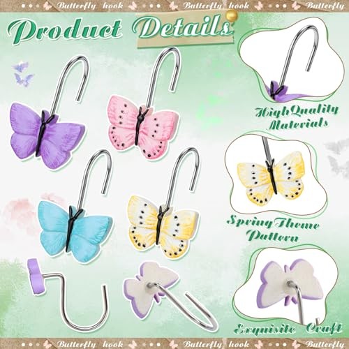 12 Pcs Butterfly Shower Curtain Hooks Spring Colorful Resin Ornament Rings
