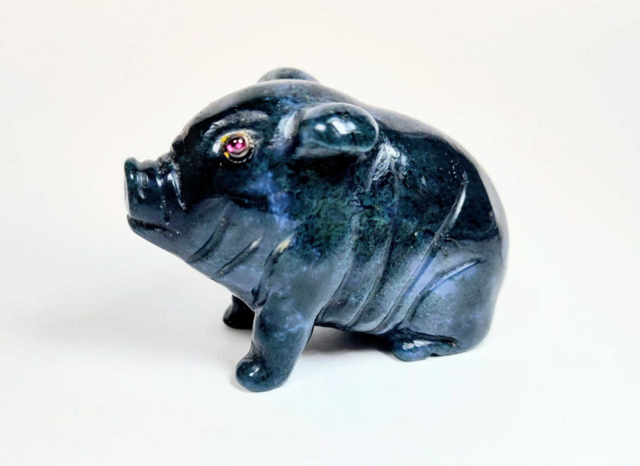 Antique 1920s Hand-Carved Blue-Green Aventurine Pig with Bezel-Set Garnet Eyes