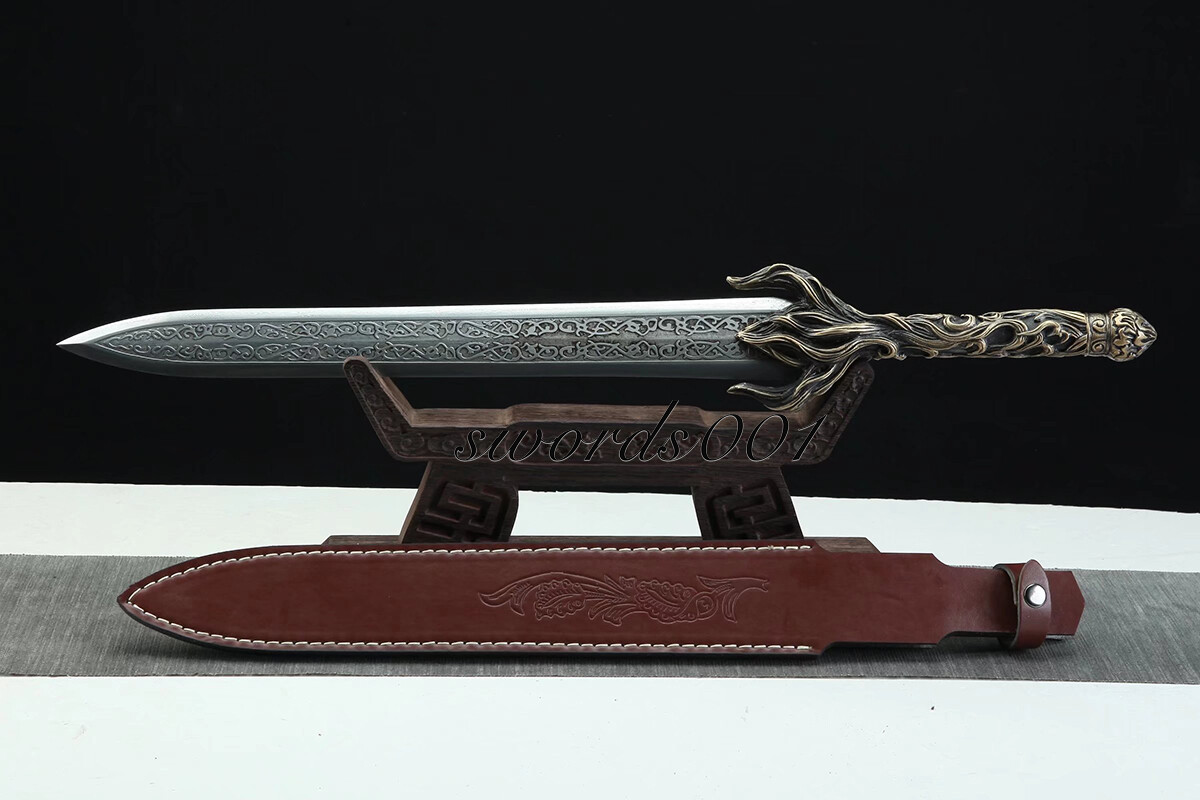 Handmade Exquisite Brass Handle Short Sword Damascus Steel Blade Leather Sheath