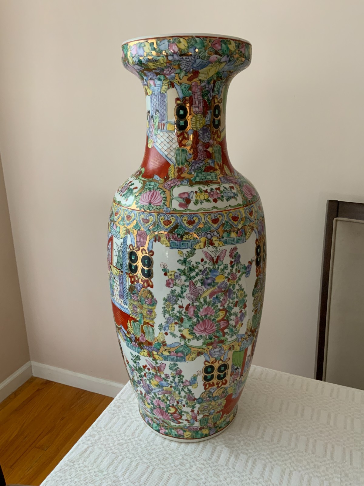 Large 24" Vintage  Chinese Polychrome floor vase scenes flowers people