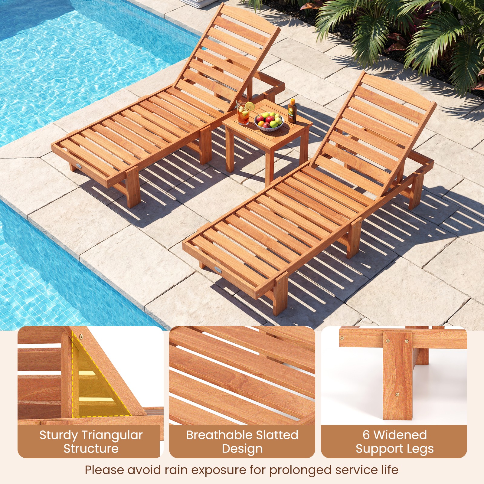 Patio Chaise Lounge Chair, Solid Wood Outdoor Recliner with Adjustable Backrest