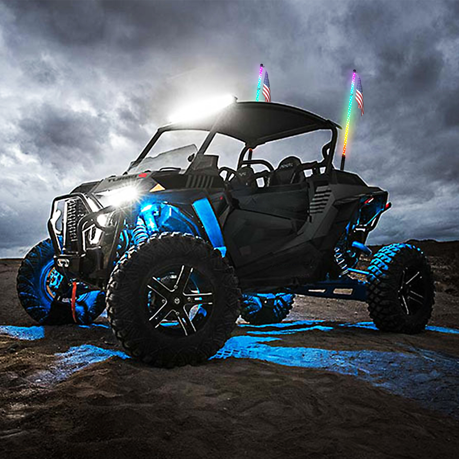 Pair 4FT Spiral RGB LED Lighted Whip Lights + 8 Pods Rock Light For ATV UTV RZR