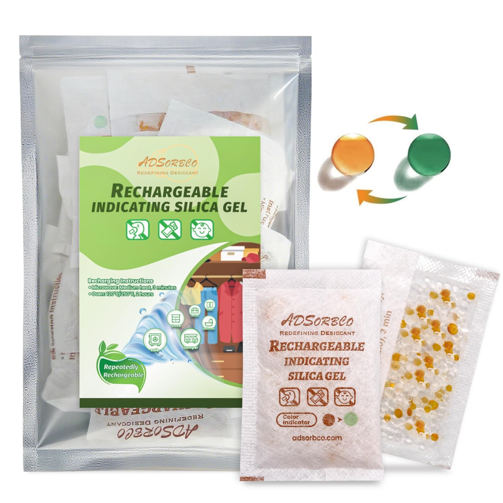[5 Gram 50 Packages] Adsorbco Rechargeable 20% Orange + 80% White Silica Gel
