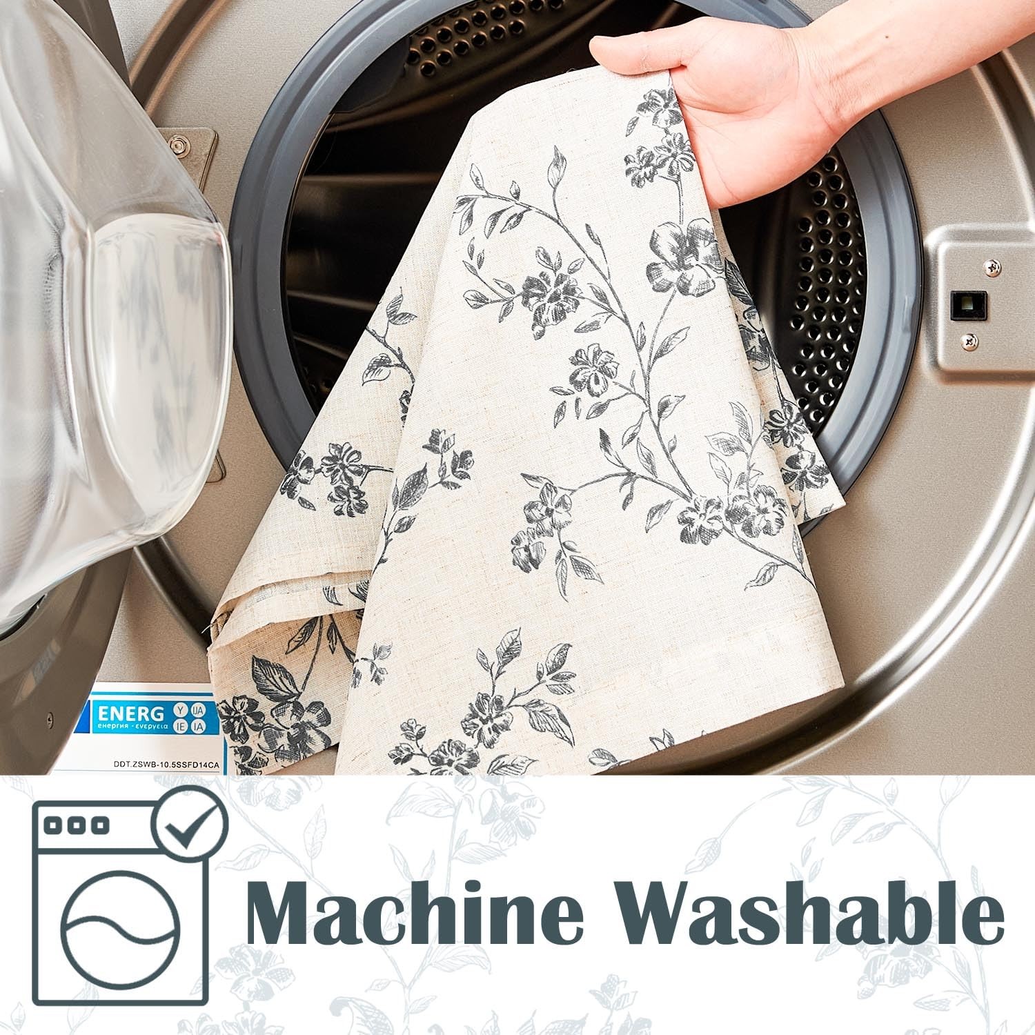 jinchan Floral Kitchen Curtains 26"W x 36"L (Pack of 2), Alisa Black on Linen