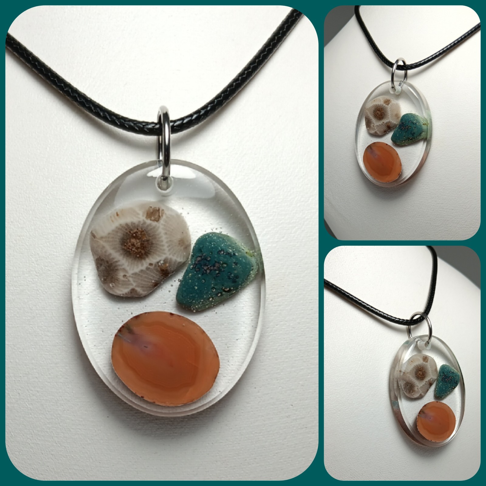 Michigan Petoskey Stone, Agate & Leland Blue Resin Pendant Necklace 22"