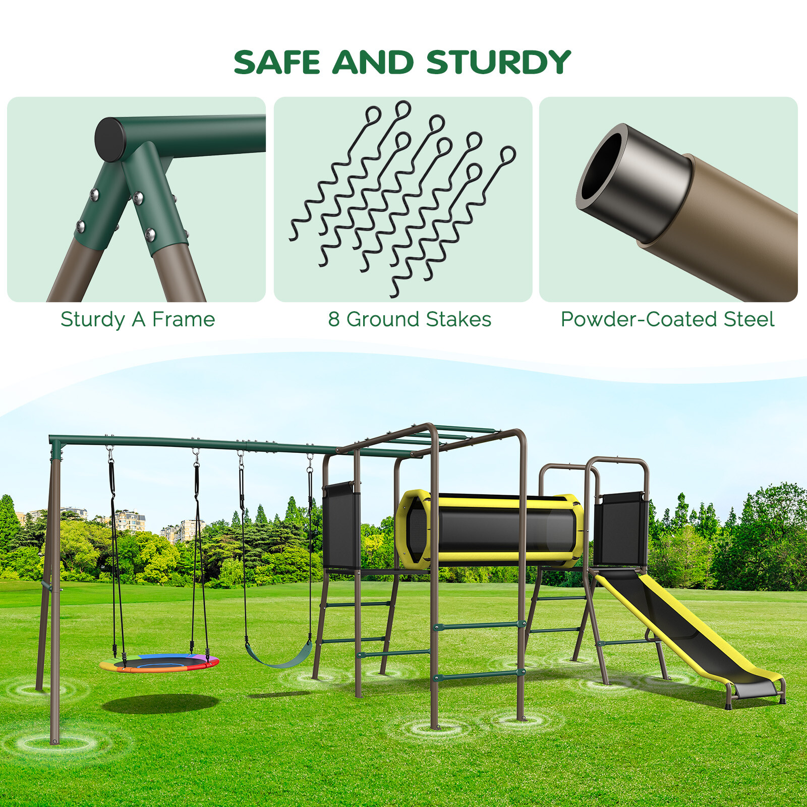 Metal Swing Set Playground Set with 2 Swing, Monkey Bar, Climbing Ladder & Slide