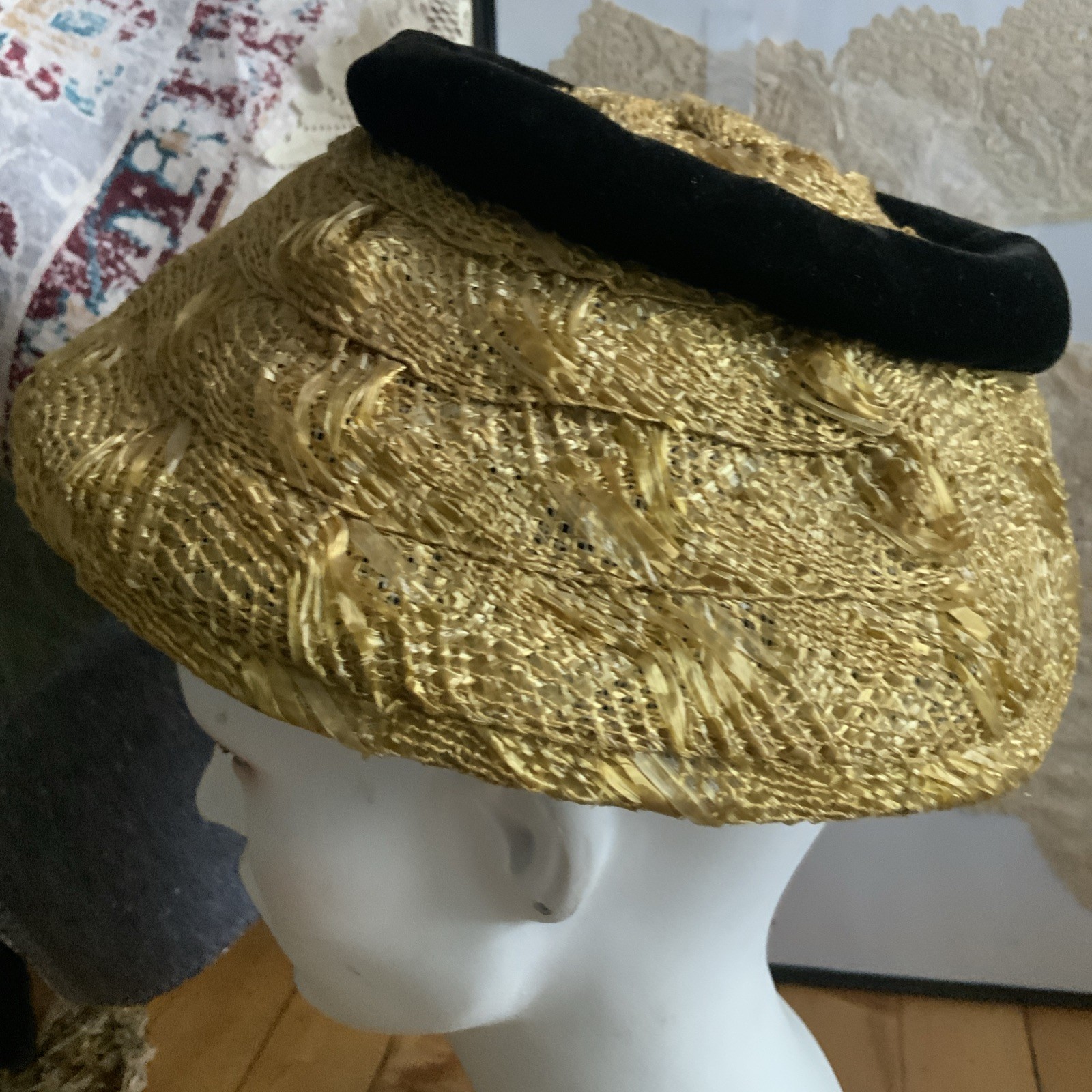 Vintage 1940s/50’s Hat In A Hat Possible Handmade Straw & Velvet Derby Church