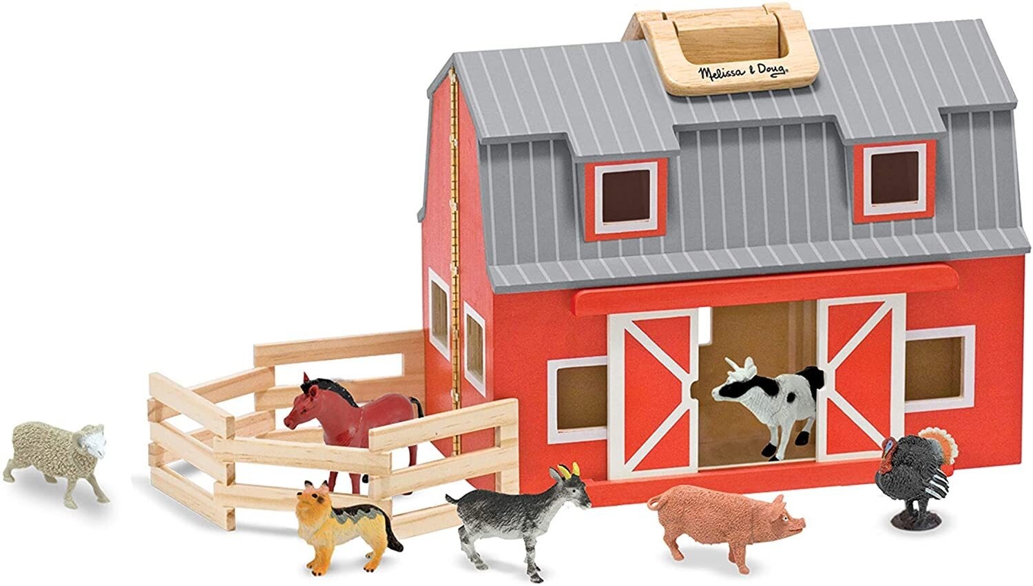 Melissa & Doug Portable & Foldable Red Barn Toy With Farm Animals Coral & Ladder