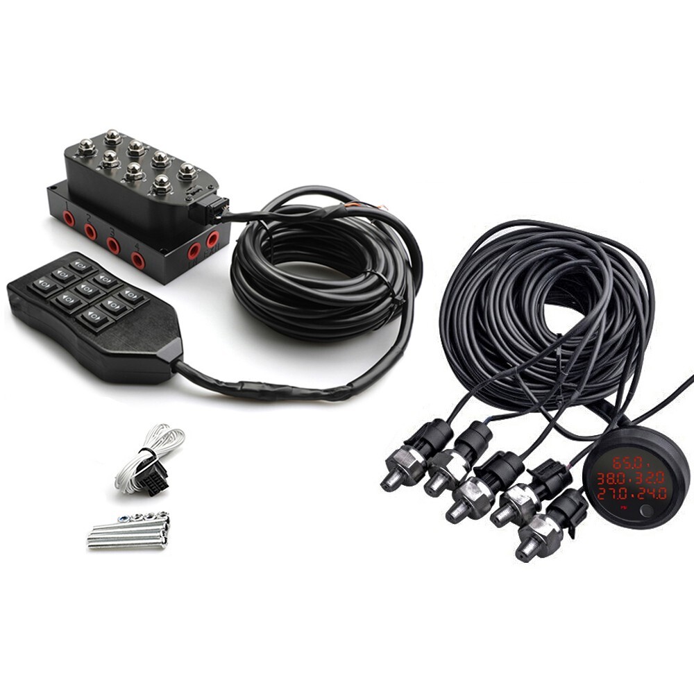 Air Ride Solenoid Valves + Switch Controller + 5 in 1 Display Air Pressure Gauge