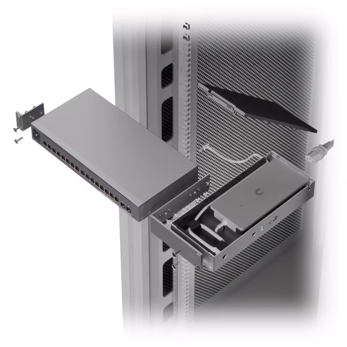 Rack Mount for UniFi USW-Pro-Max-16-PoE – 1U 19" with Right-Angle Tray for PSU