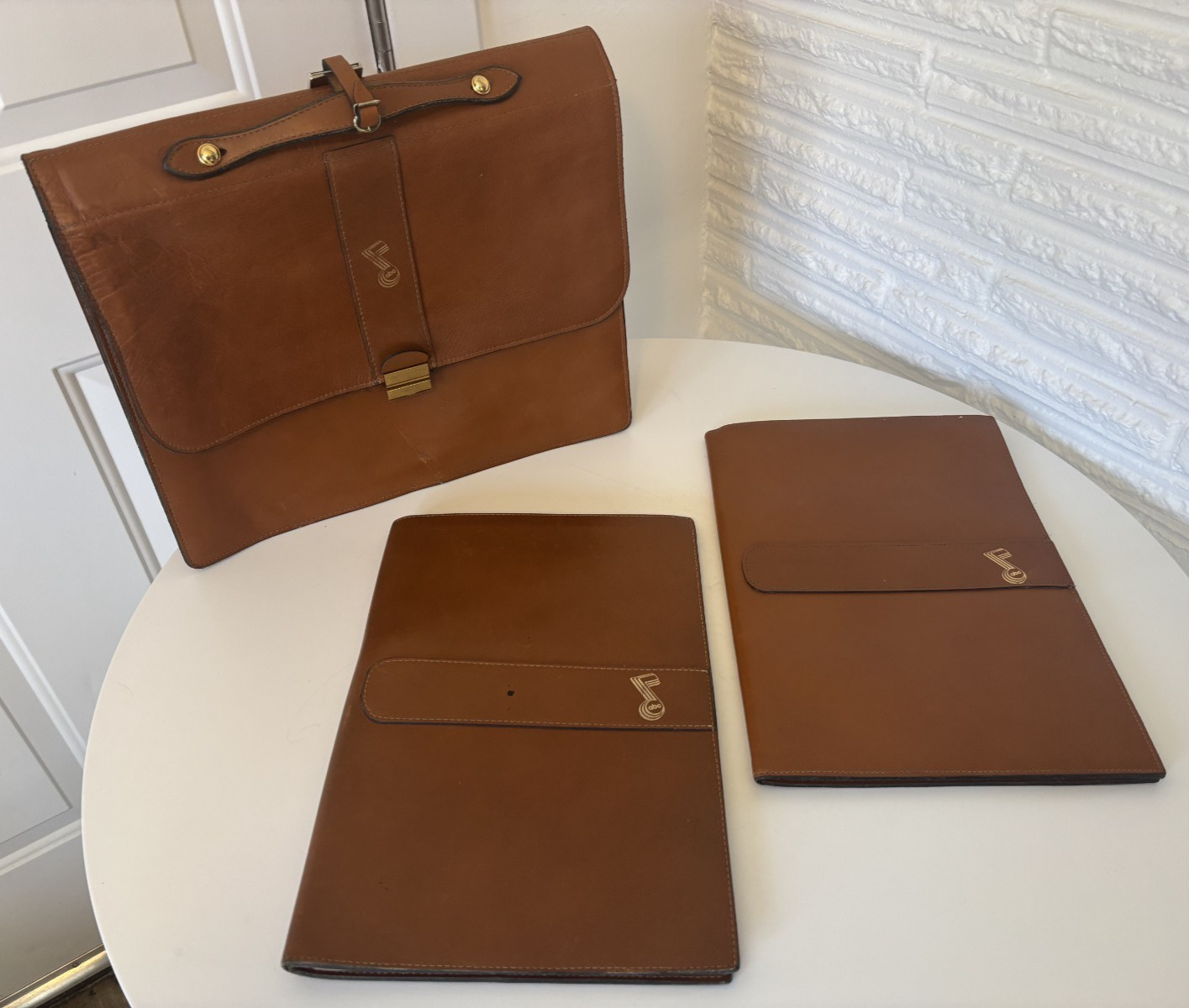 Leather Executive Briefcase w/ Padfolios + Metal Calculator Sleeve Vintage ABC