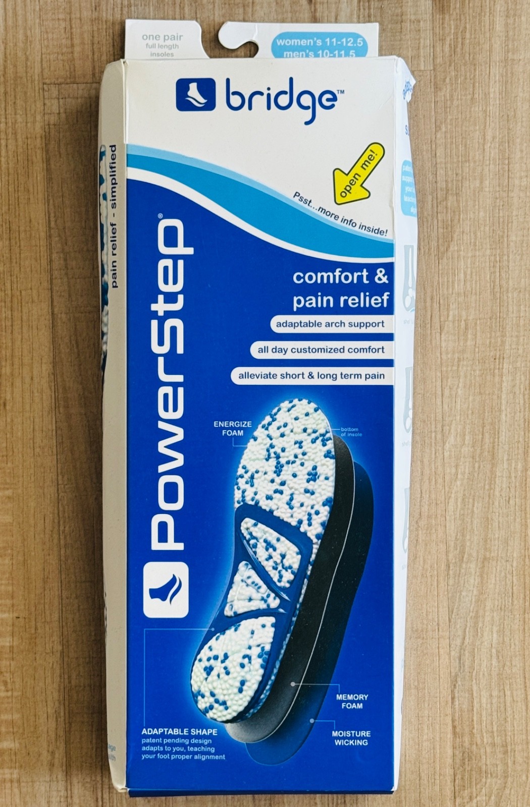 Bridge Powerstep Full Length Insoles Sz D. Mens 10-11.5 Women's 11-12.5 New