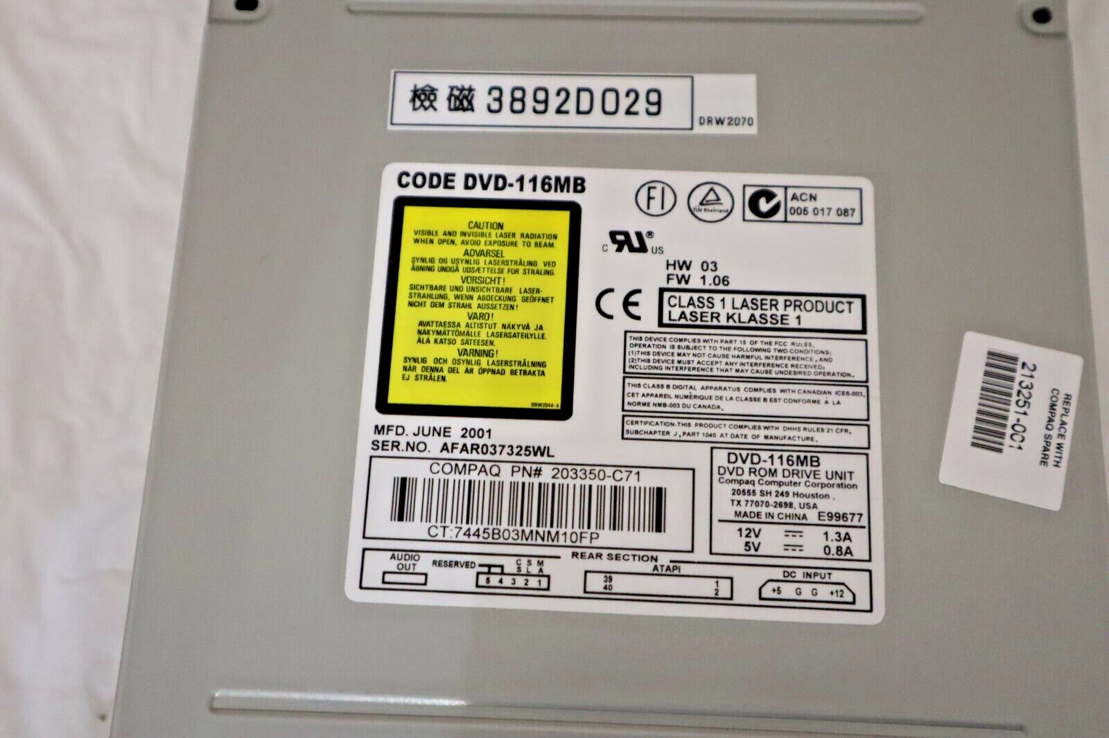 NEW 203350-C71 COMPAQ HEWLET PACKARD HP 10X DVD 40X CD-ROM DRIVE IDE WHITE BEZEL