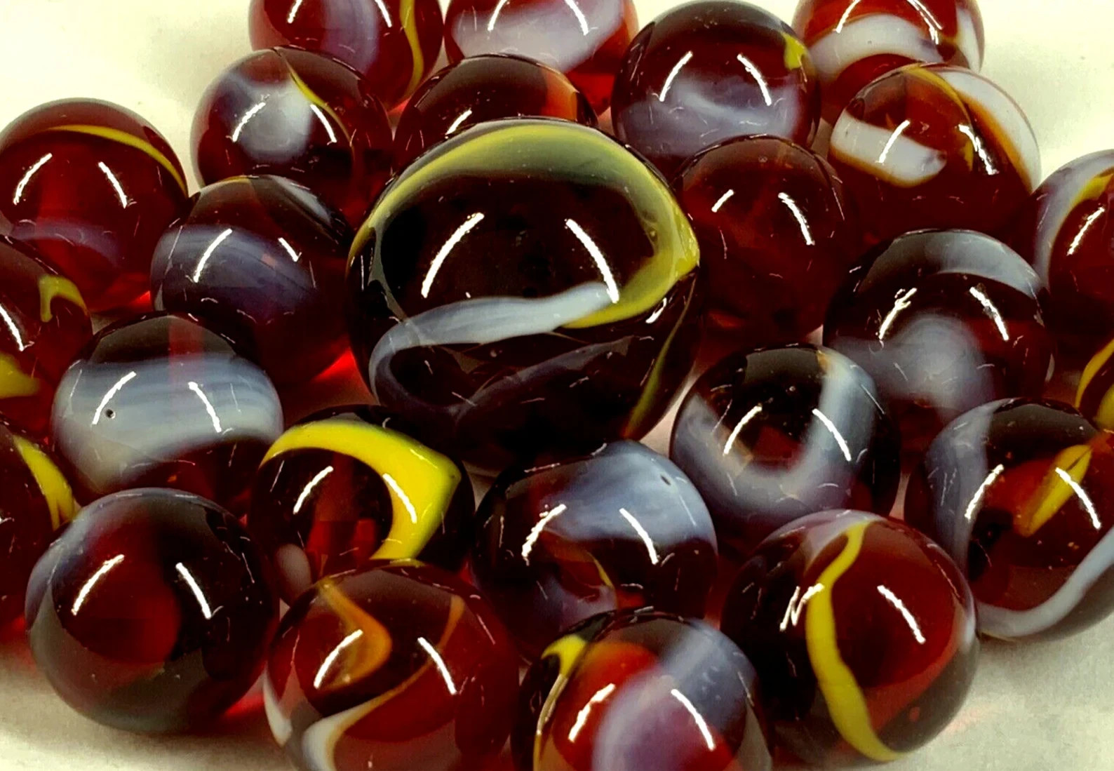 25 Glass Marbles FIRE Translucent Clear Red White/Yellow Swirl Pack Shooter
