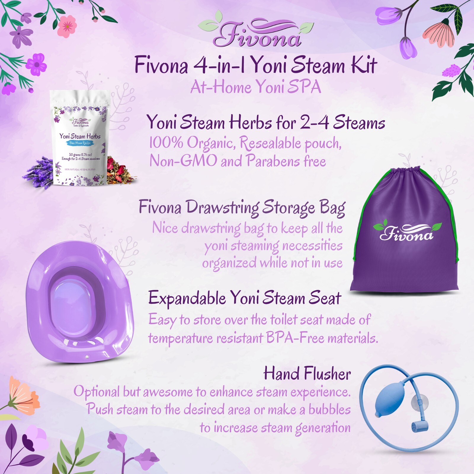 Fivona Yoni Steam Kit 4-in-1 Seat with Hand Pump, Bag and Blue Moon Recipe Herbs