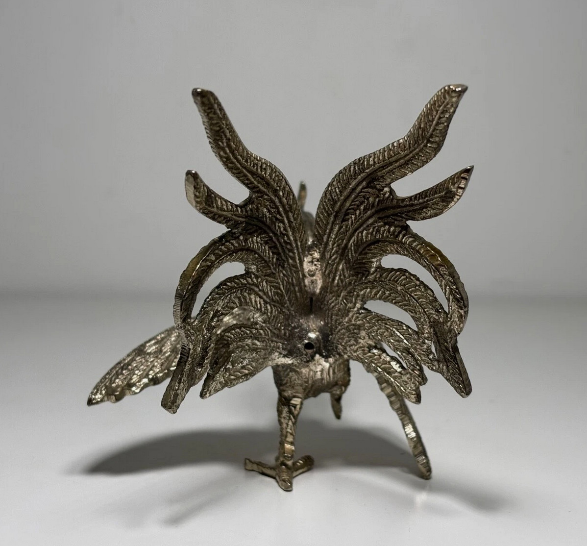 Pair of silver-plated metal fighting roosters, antique bird, rustic decoration