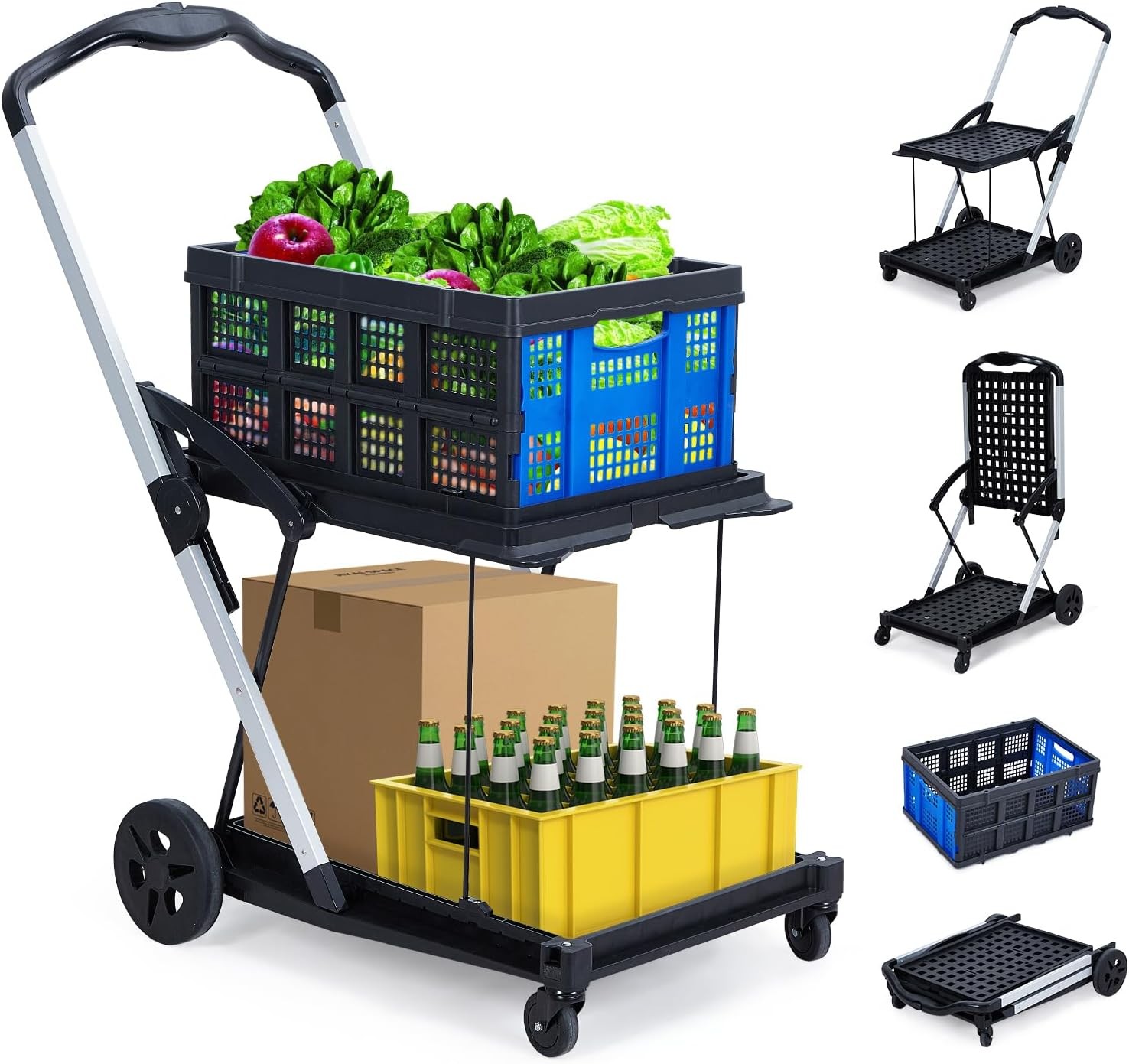 Collapsible Shopping Cart with Wheels & Removable Storage Crate for Supermarket