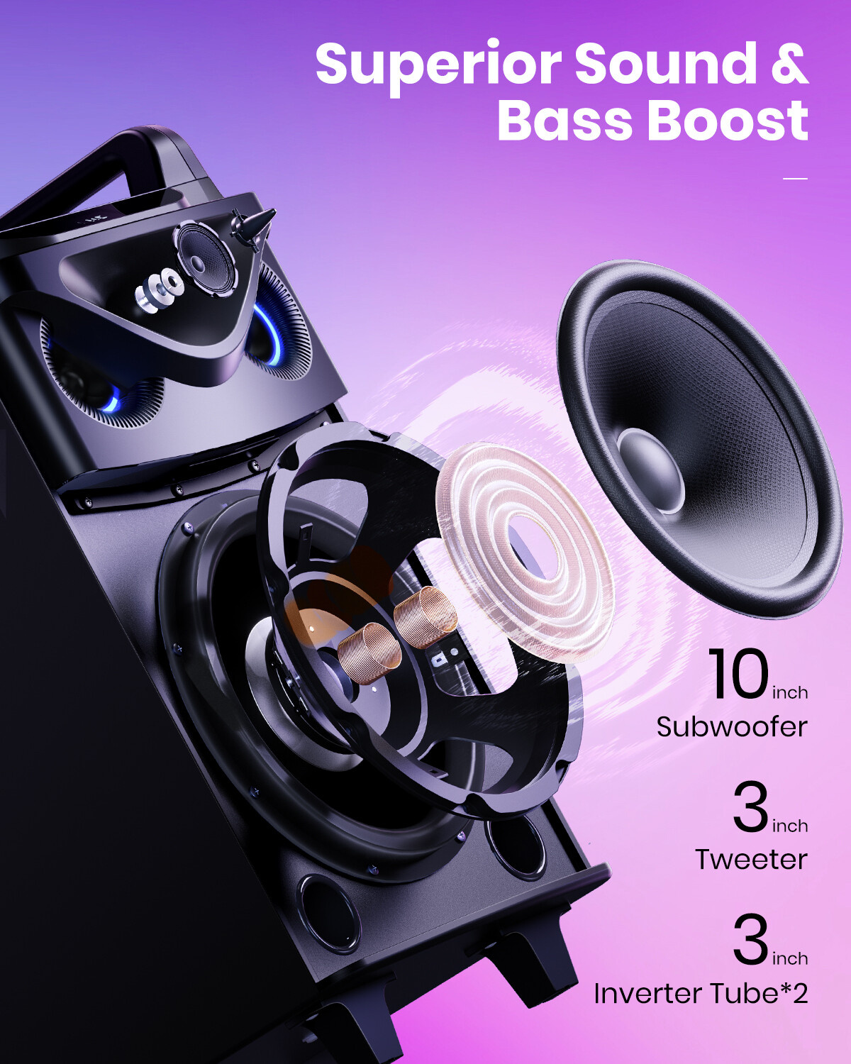 Moukey Portable Party Speaker 160W Bluetooth Singing Machine + 2Pcs Wireless Mic