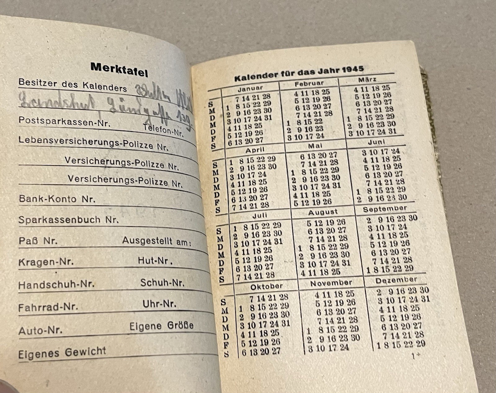 German 1945 Calendar Book (use in 2029) Taschenkalender for Military Use wartime