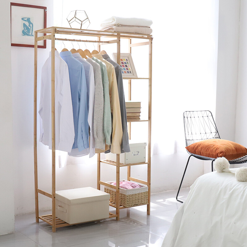 Bamboo Garment Rack Freestanding Closet Heavy Duty Clothes Rod Storage Organizer