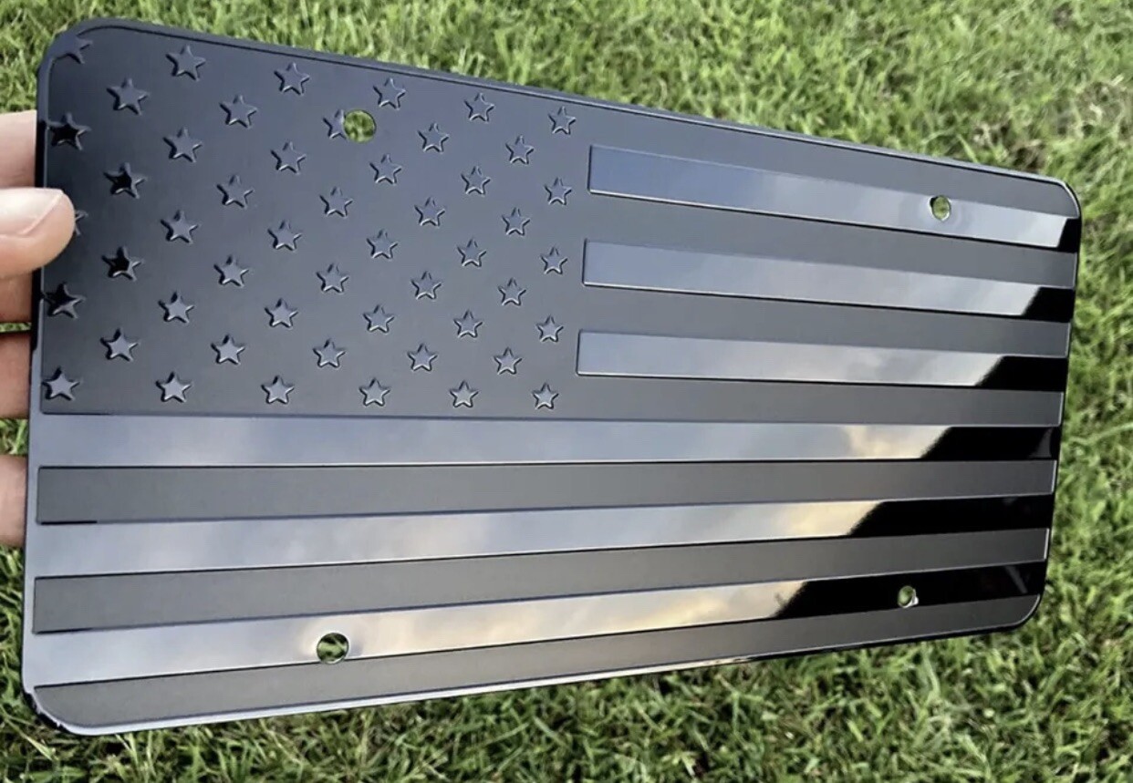American Flag License Plate Matte Black USA Aluminum Tactical With Screws & Caps