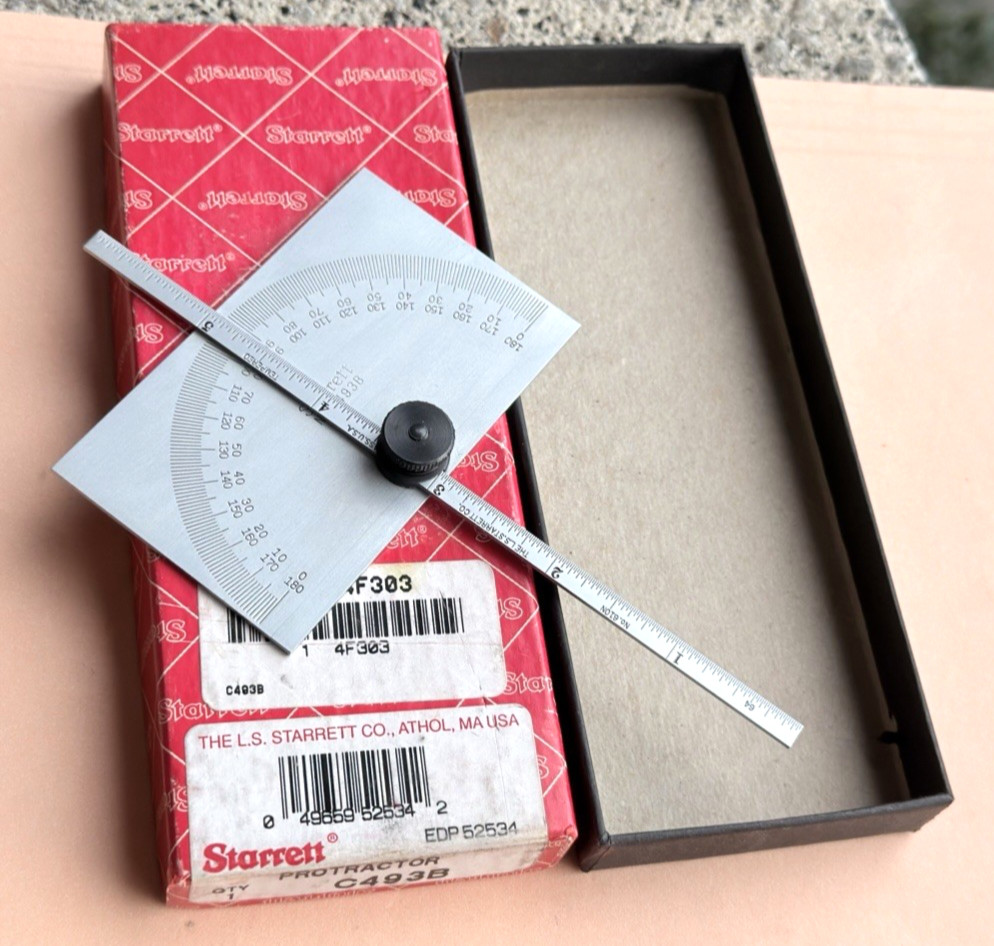 STARRETT No. C493B Satin Chrome Finish Steel Protractor/Depth Gage. USA Made!