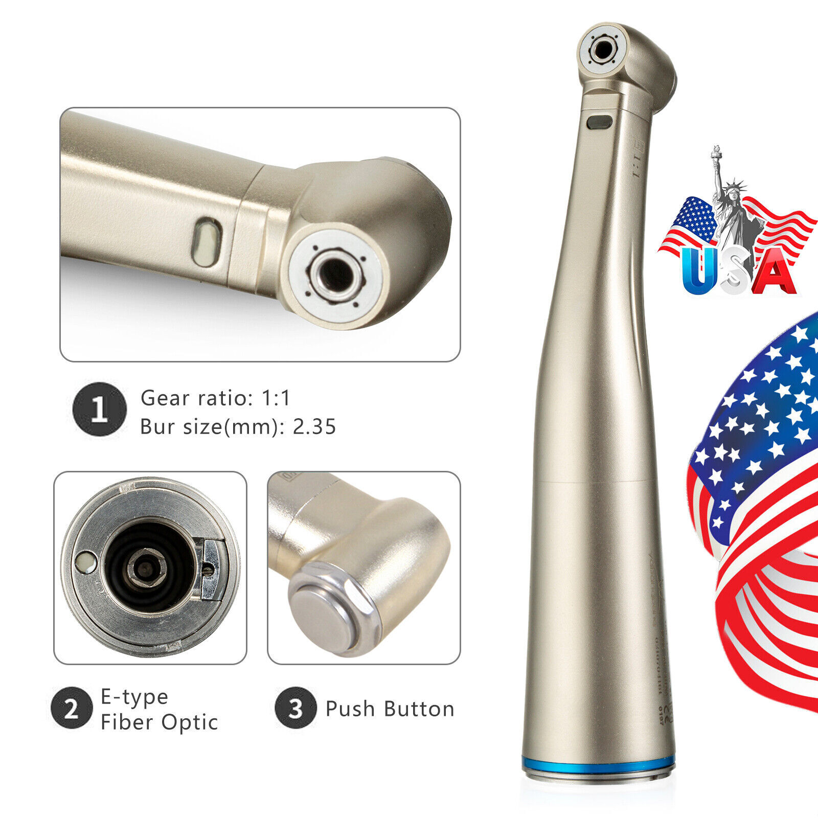 US Dental 1:1 LED Fiber Optic Internal Water Spray Contra Angle Handpiece SANDEN