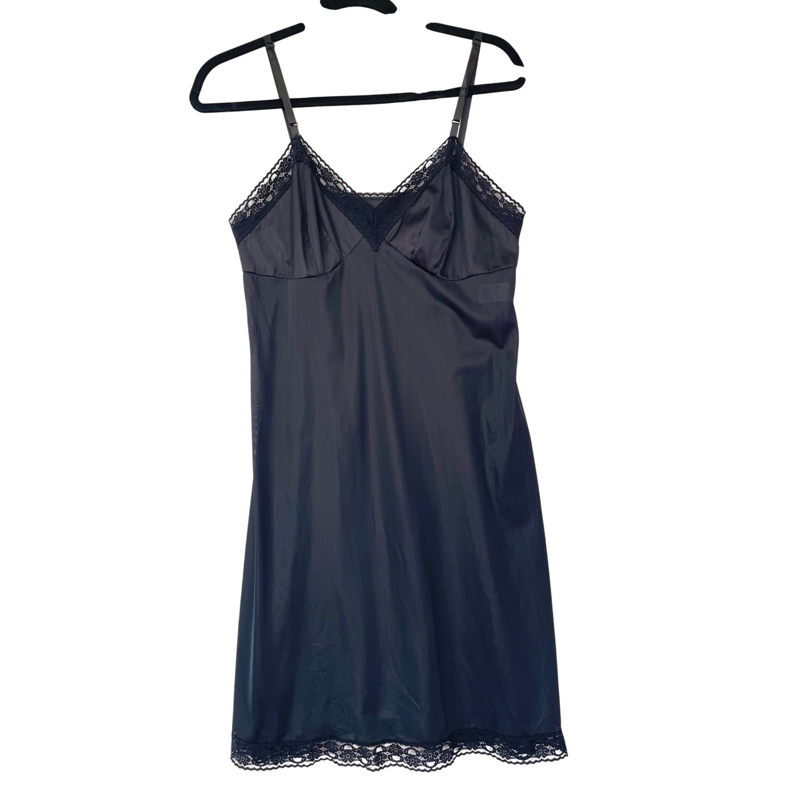 Vanity Fair Full Slip Langerie Dress Women 36 Black Lace Trim Vintage 10-103