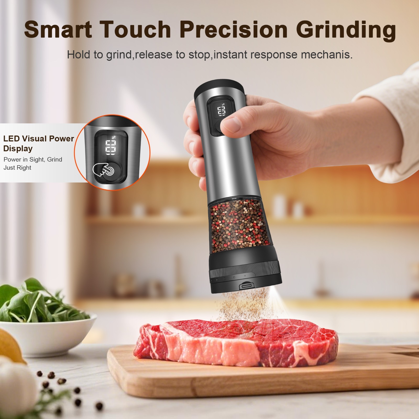 Electric Salt Pepper Grinder Set, Rechargeable Base, Adjustable Coarseness, 2PCS