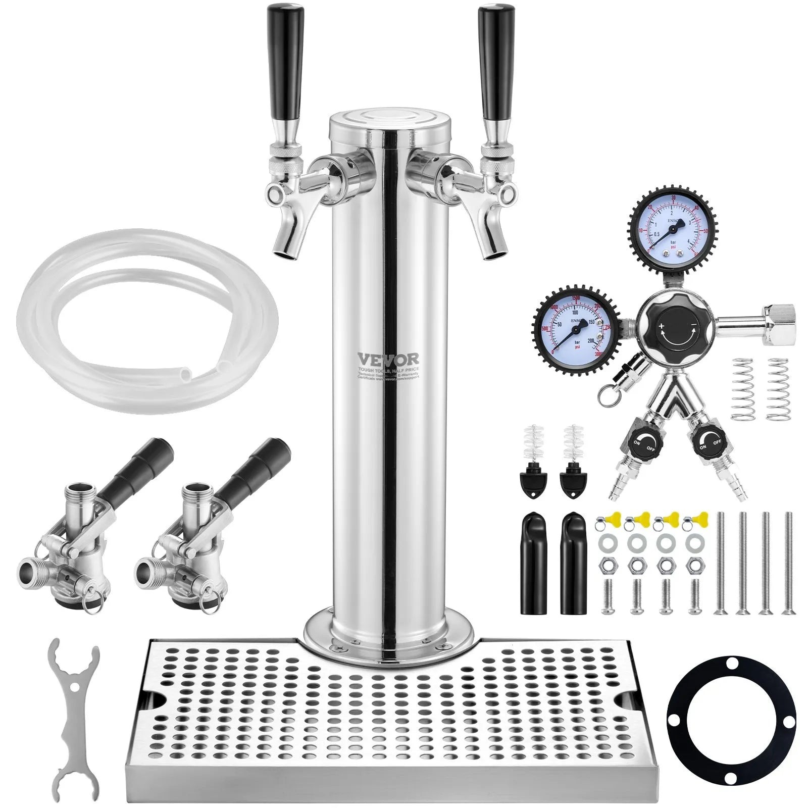 Dual Tap Kegerator Kit w/ D-Coupler Dual Gauge Regulator & Self Closing Taps