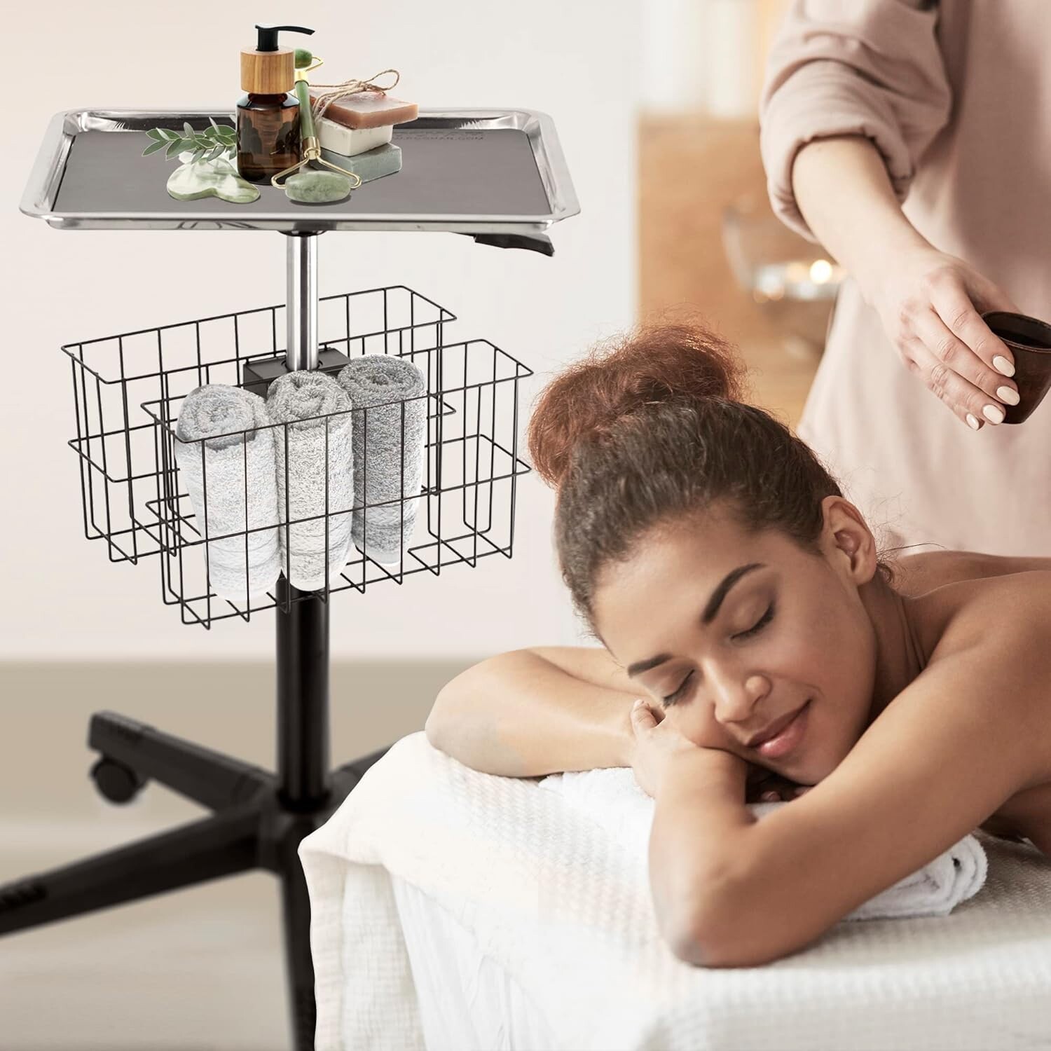 Stainless Steel Instrument Tray on Wheels, Height Adjustable Medical Tray Cart