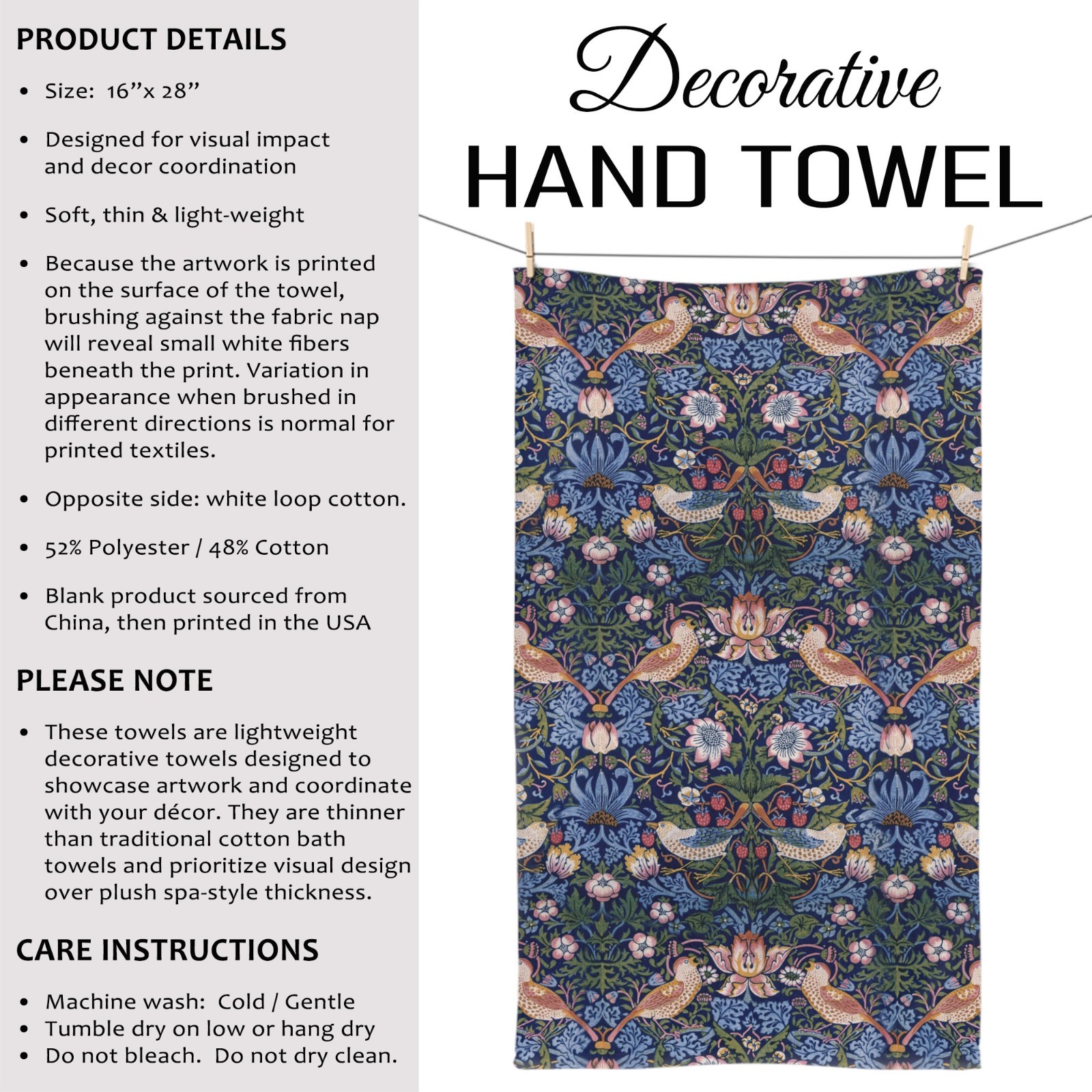 William Morris Strawberry Thief Decorative Bath Towels #5 Arts & Crafts Bird