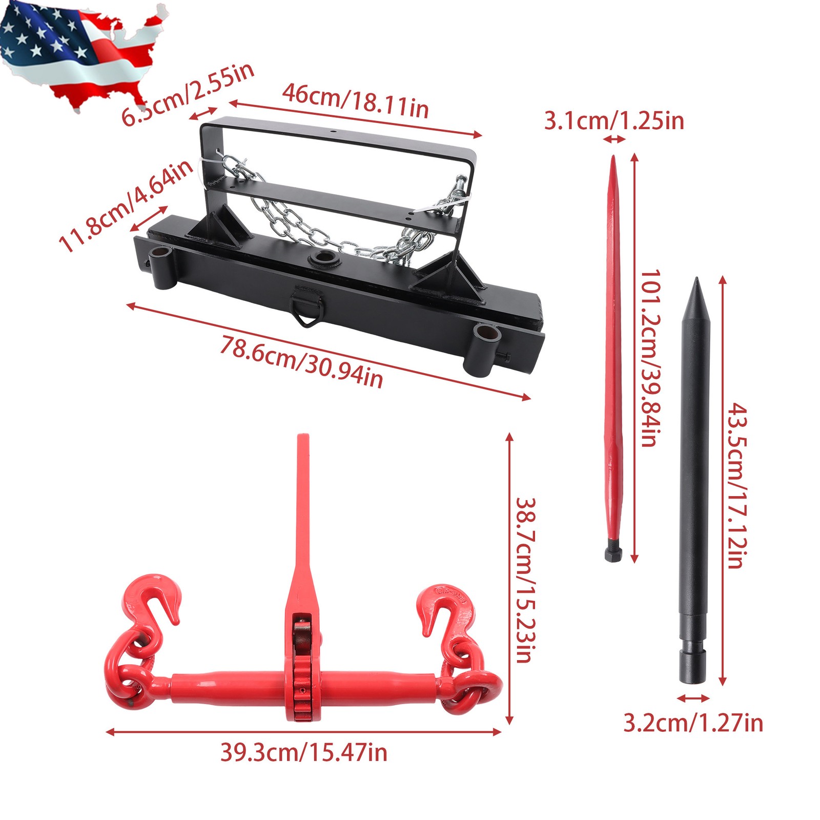 Tractor 39" Hay Spear With Fork 1600lbs Loading Capacity For Skid Steer Loader