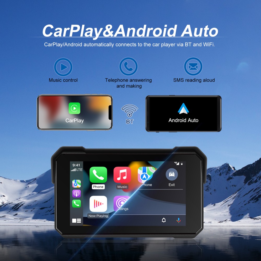 5" Wireless CarPlay Android Auto Portable Screen Waterproof Motorcycle Navigator