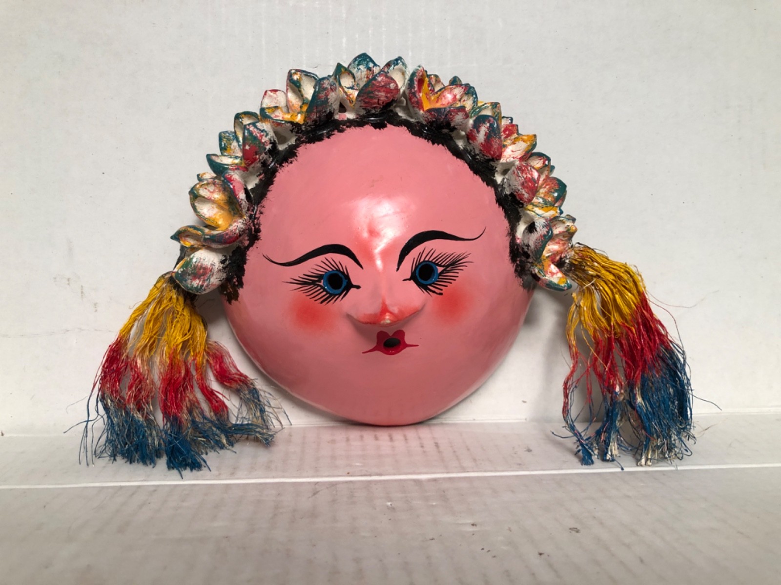 MEXICO FOLD ART COCONUT SHELL WALL MASK STING HOLDER GIRL PINK
