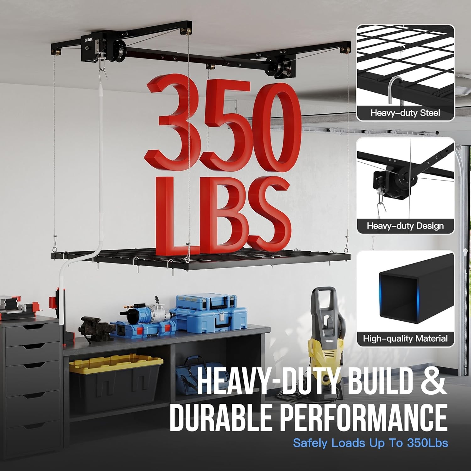 Overhead Garage Storage Rack Lift 350lb Capacity Adjustable Height Ceiling Mount