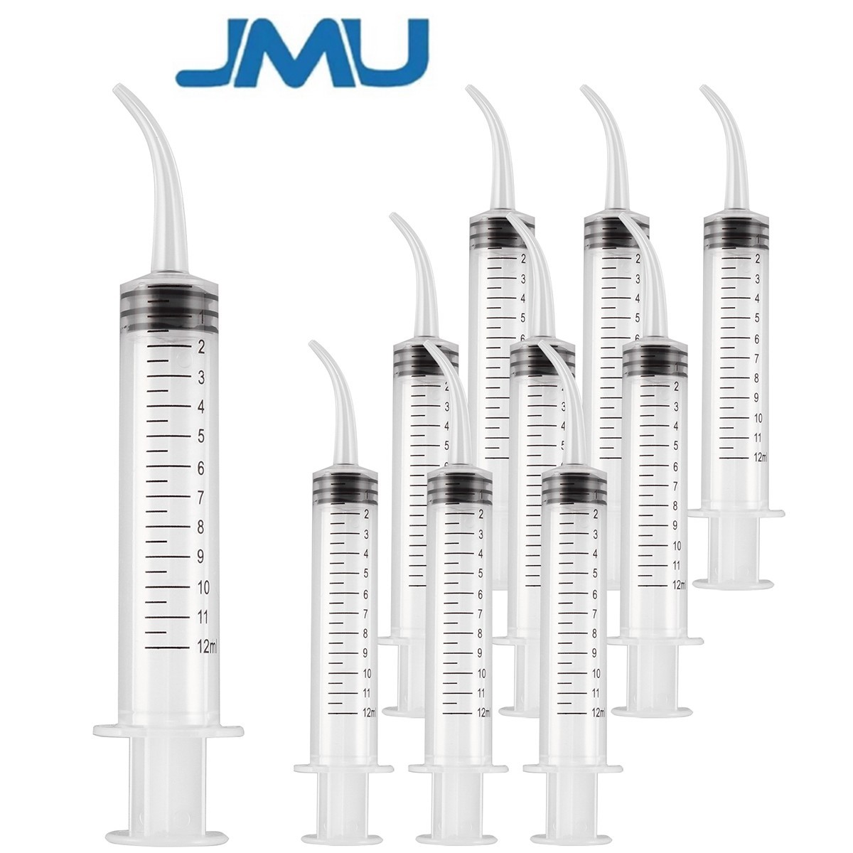 10Pcs Dental Irrigation Syringes Long Curved Tips Syringe Measurement 12CC