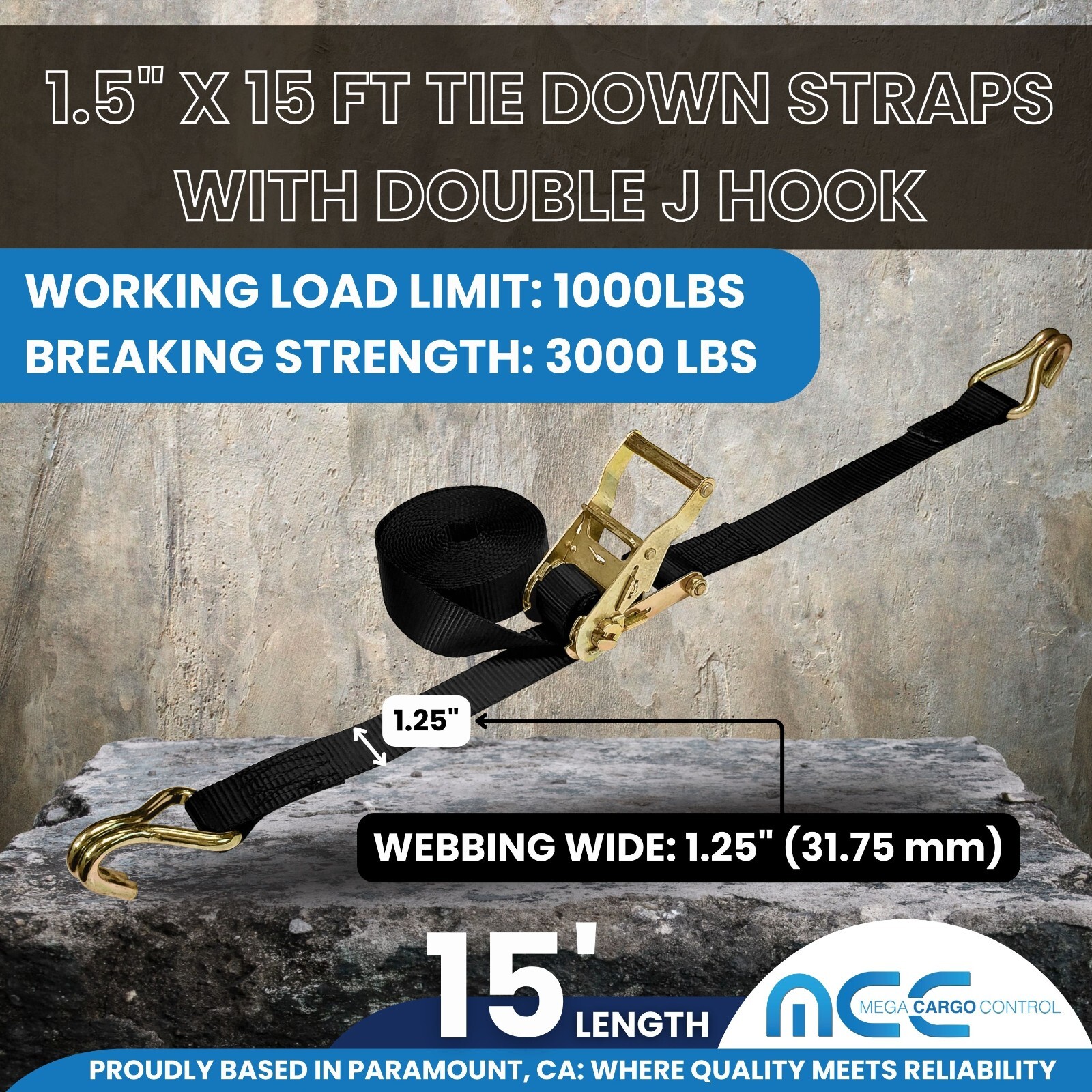 4 Pack 1.5" x 15ft Ratchet Strap W/ J Hook Flatbed Truck Trailer Tie Down Strap