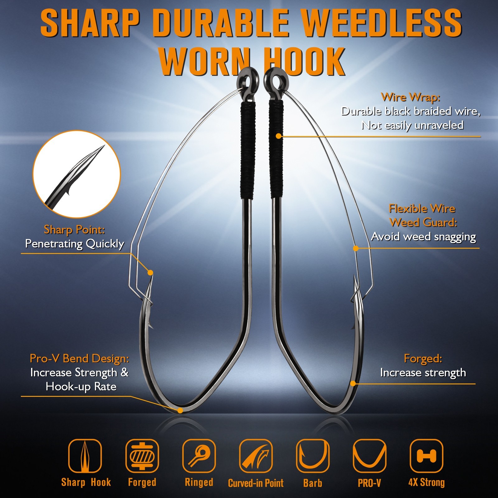 Dovesun 30PCS Weedless Worm Hooks - 2/0 V Fishing Hooks for Wacky Rig Texas Rig