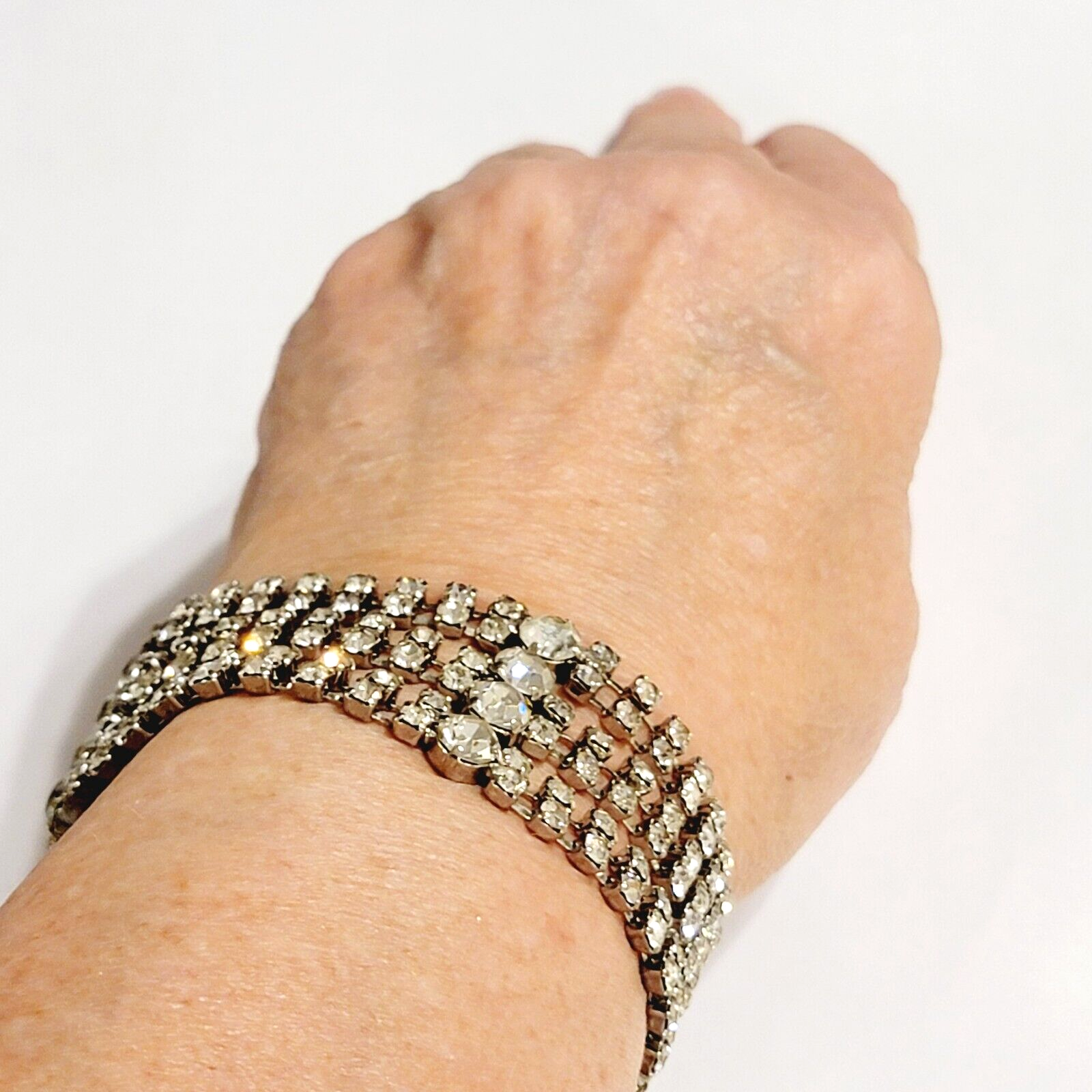 Mid-century Wide Rhinestone Bracelet, Sparkly Glass Vintage Statement Bracelet