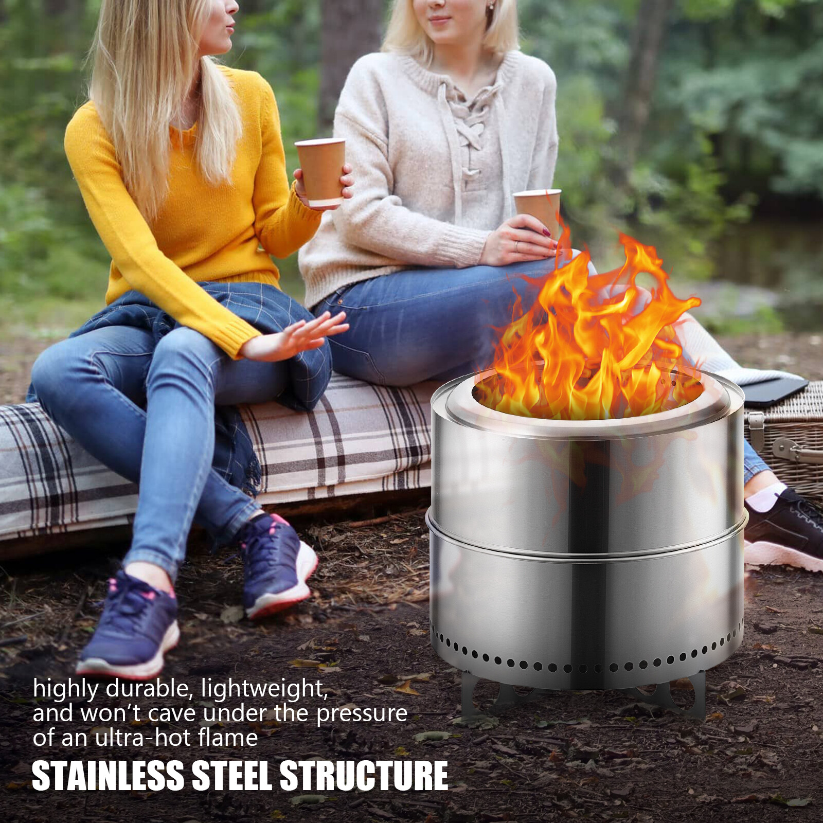 19 Inch Smokeless Fire Pit Portable Outdoor Wood Burning Firepit Stainless Steel