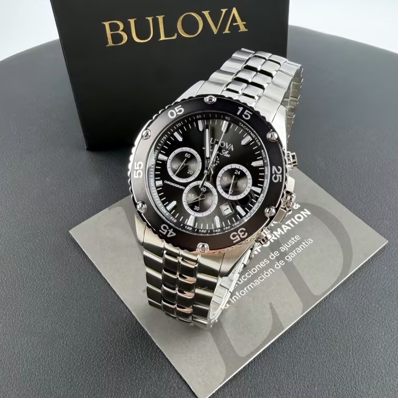 Men Bulova Classic Marine Star Black Dial Chronograph 98B401 Quartz Watch 41.5mm
