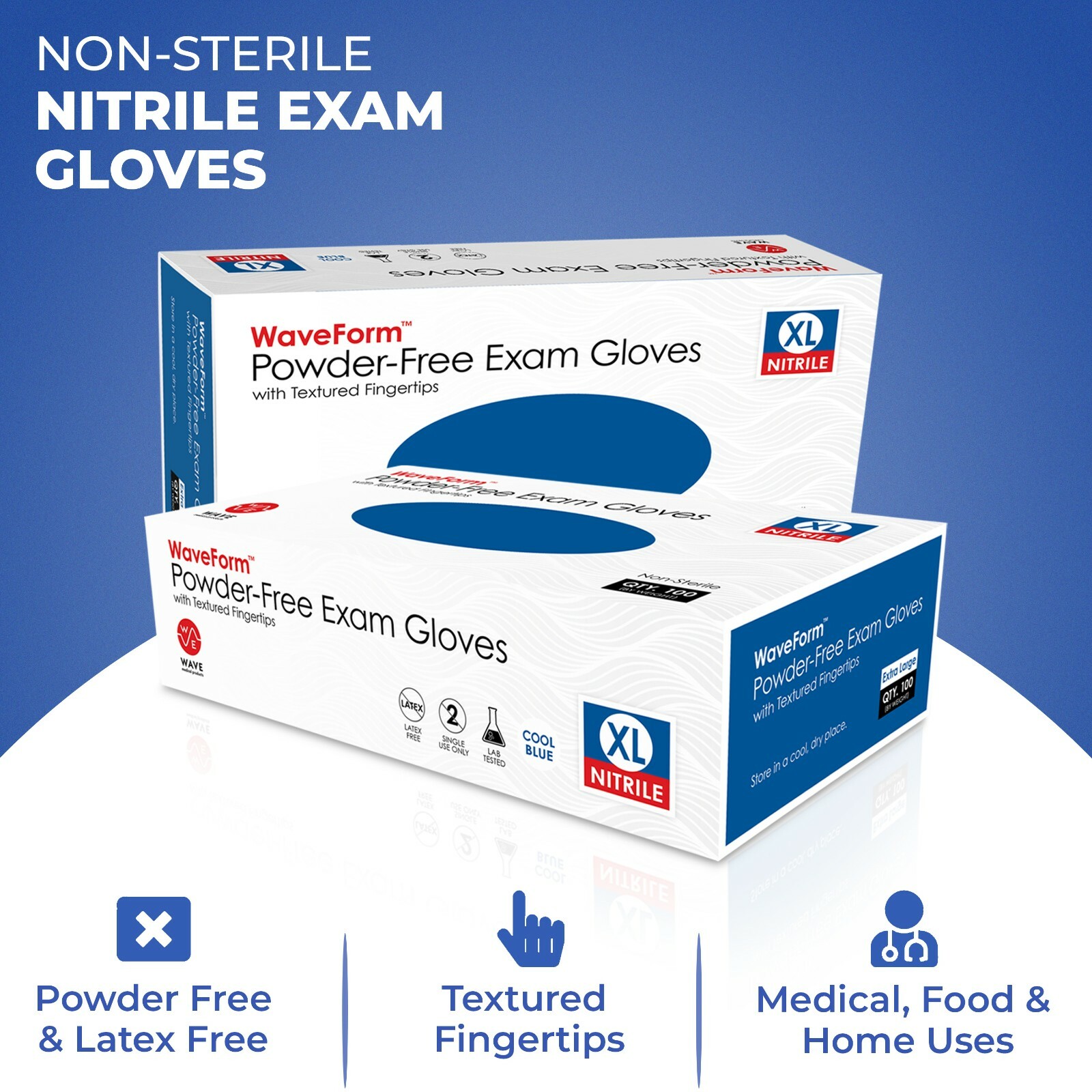 WAVE Blue Nitrile Disposable Exam/Medical Gloves 4 Mil, Latex & Powder Free