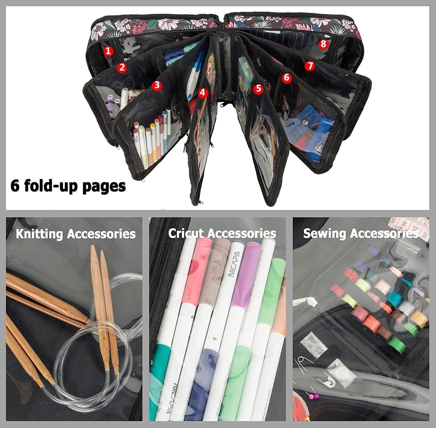 PACMAXI Craft Sewing Accessory Organizer Storage Bag Cross Stitch Flowers Black