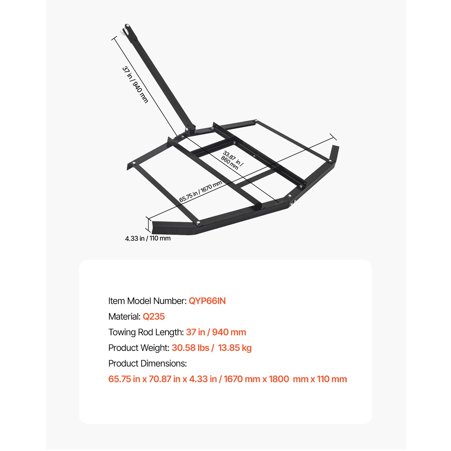 Drag Harrow 66" Width Tow Behind Drag Harrow Steel Gravel Grader ATV UTV
